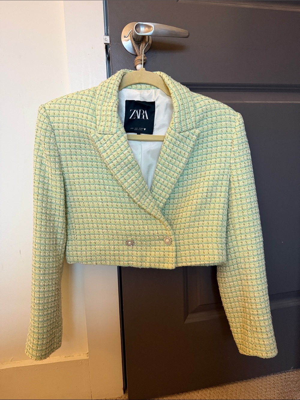 ZARA Cropped Tweed Blazer in Pastel Mint
